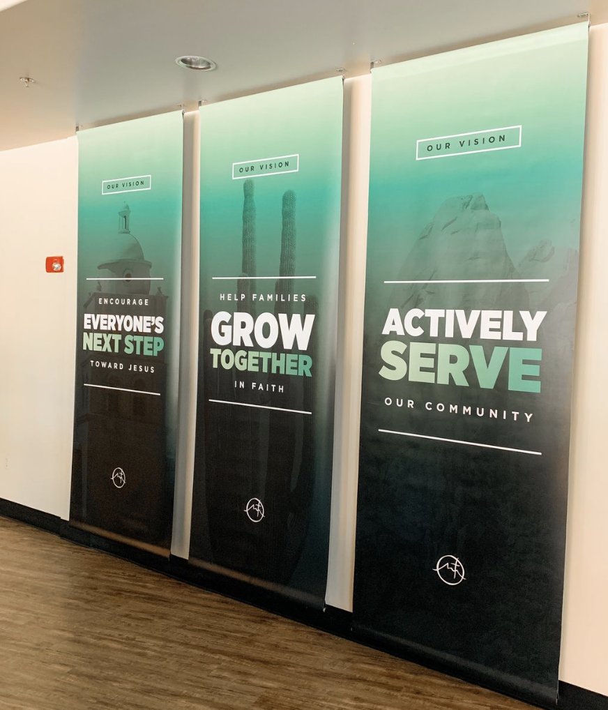 Hanging vision banners for church conference printed in-house