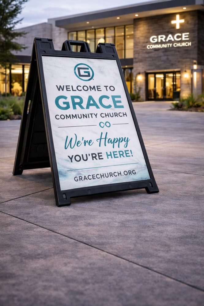 Church A-frame sign printed in-house outside church
