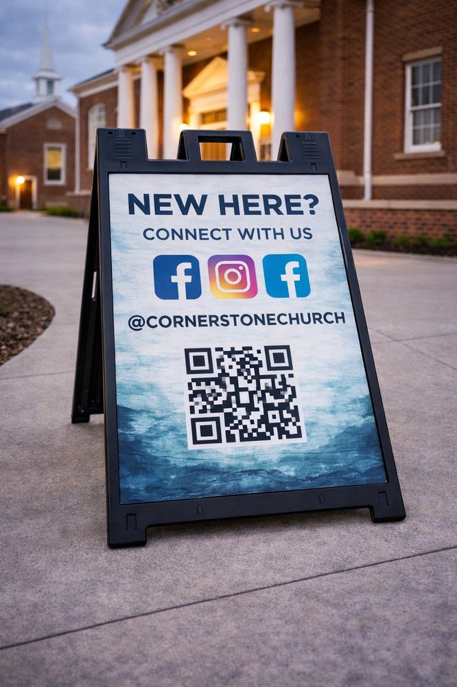 Church A-frame outdoor sign with QR code