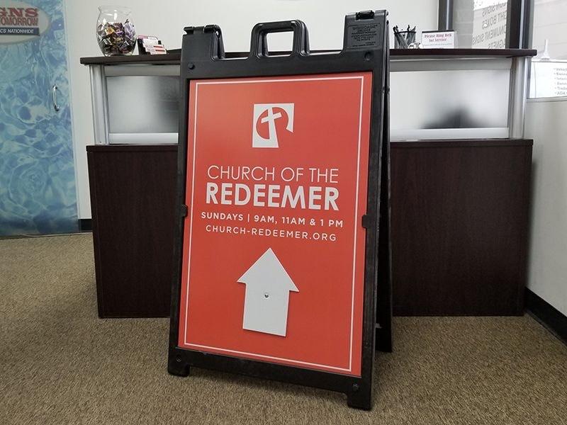 Church A-frame sign printed in-house for outdoor use