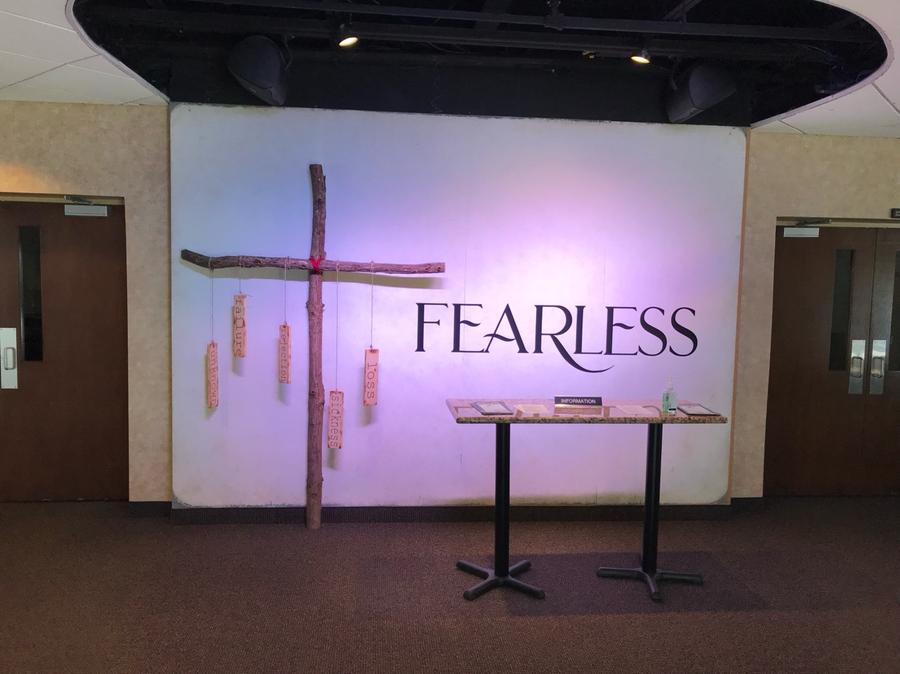 Fearless sermon series wall graphic and lobby display